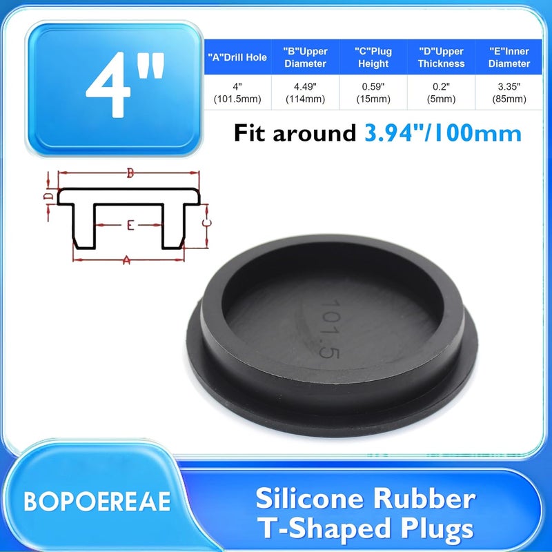 BOPOREAE 101.5 mm Silicone Rubber Plug for 100-101.5 mm/3-15/16-4 in Large Round Holes, Waterproof T Type Rubber Stoppers, Soft Flexible Hole Seal Plugs Tube Pipe End Cap Covers, Black - Image 2
